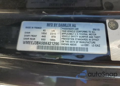 2011 Smart Fortwo Pure z USA, uszkodzony, nr VIN WMEEJ3BA9BK421296